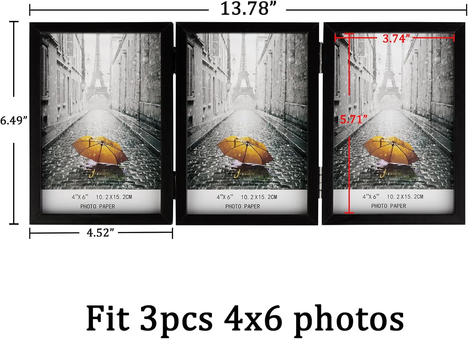 4x6 Triple Picture Frame Hinged 3 Photos – Folding Photo Frame with Real Glass, Vertical Stand Black Collage Frame for Tabletop Display