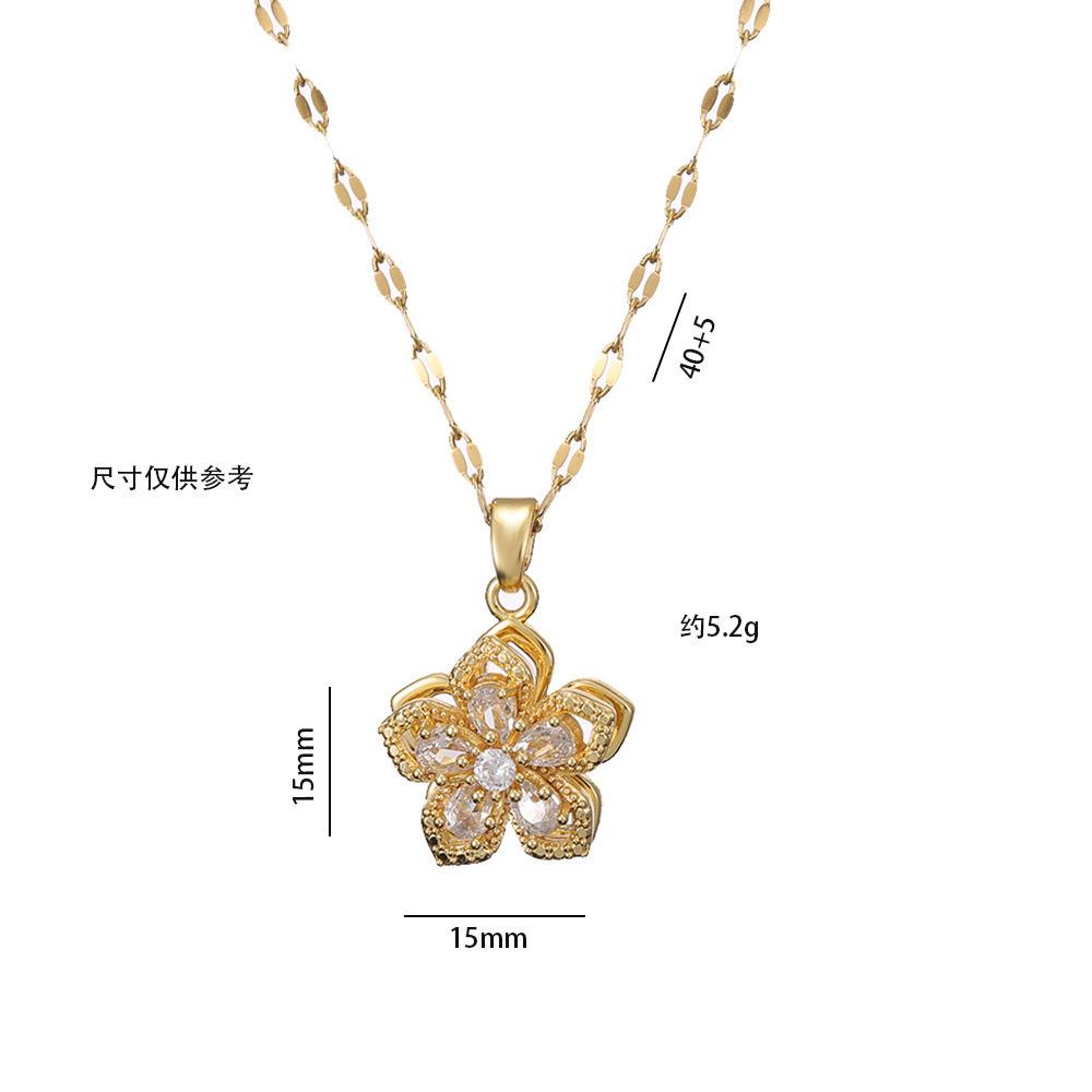 Copper Micro-Set Zircon European and American Five-Petal Flower Rotating Pendant Necklace, Elegant, Light Luxury, and Small-Scale Design Sense