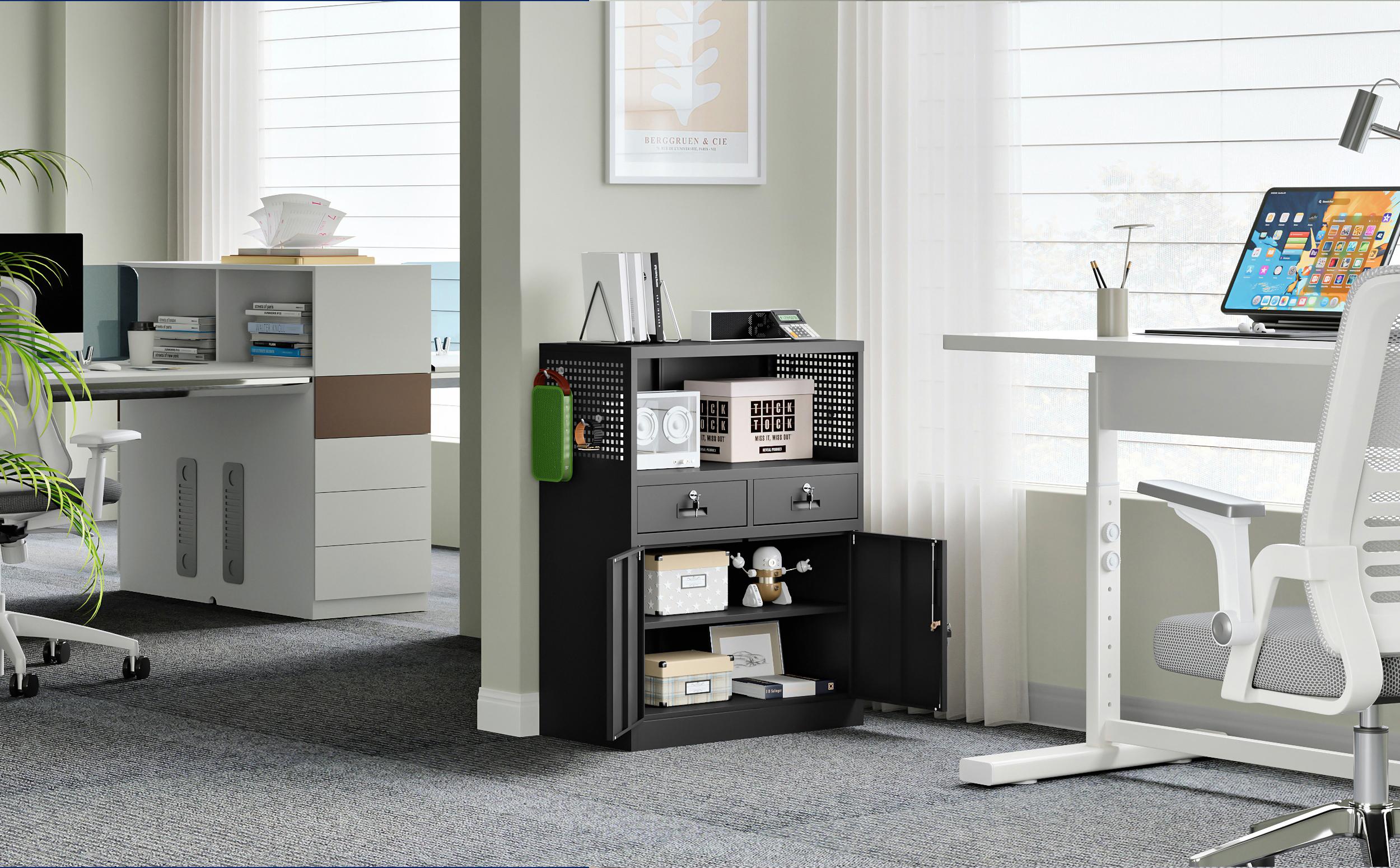 Yizosh Metal Storage Cabinet with 2 Drawers and Locking Doors,- 41.3" Steel Lockable Storage Cabinet with Shelves for Home Office,Garage,School (Black)