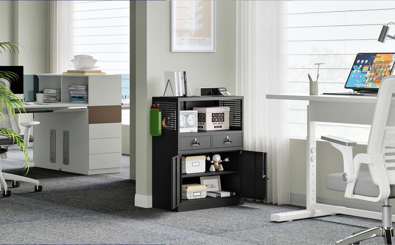 Yizosh Metal Storage Cabinet with 2 Drawers and Locking Doors,- 41.3" Steel Lockable Storage Cabinet with Shelves for Home Office,Garage,School (Black)
