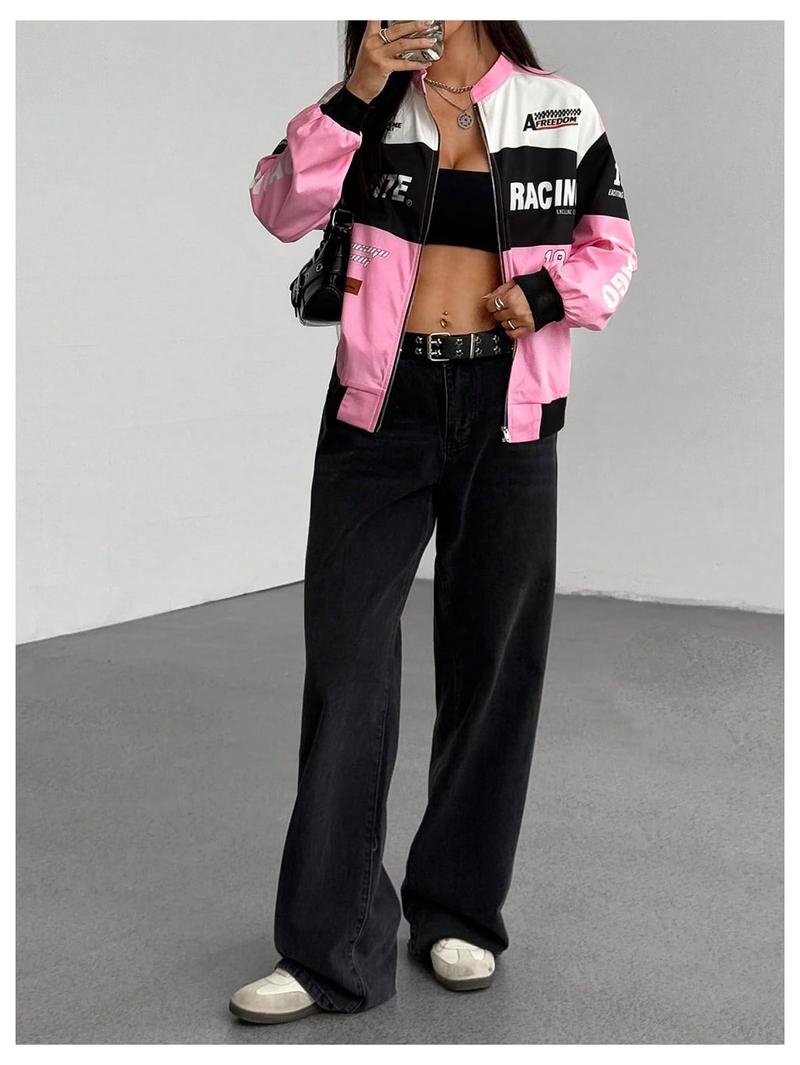 Spring Bomber Jacket Long Sleeve Zip Up Racing Jackets Color Block Y2k Outerwear Vintage Streetwear