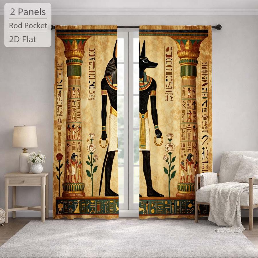 2Pcs Ancient Egyptian Mythology God Anubis Pattern Vintage Sun Blocking Curtains Digital Printed Rod Pocket, Window Treatment For Bedroom Office Kitchen Living Room Study Home Decor