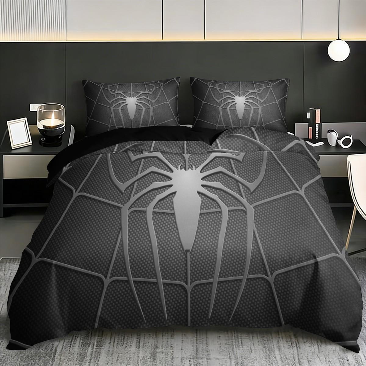3pc Gray Spiderweb Bedding Set, Decorative bedding set, gray duvet cover set including 1 duvet cover and 2 pillowcases, suitable for single and double beds, available in multiple sizes, perfect for bedrooms, dormitories, guest rooms, and hotels
