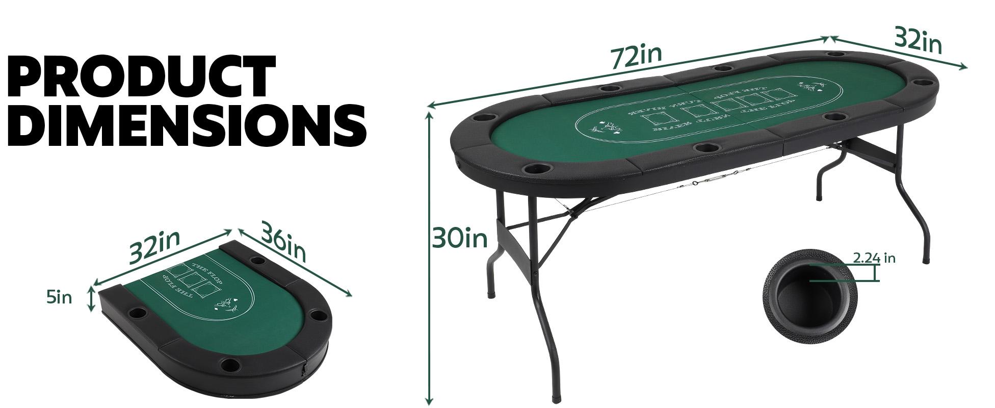 Poker Table Foldable, 8 Player Folding Poker Table, 72 Inch Texas Holdem Poker Tables, Portable Game Table with Cup Holders, Green Playing Cards