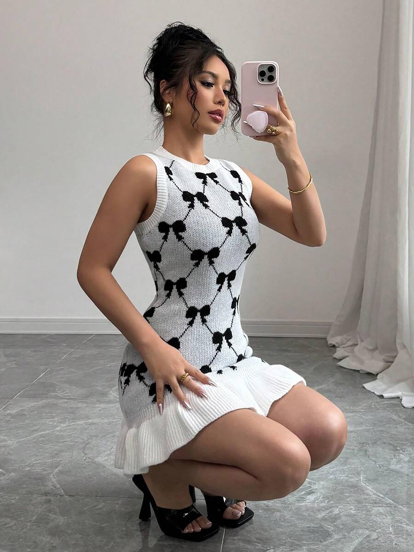 Women's Bow Print Ruffle Hem Sweater Dress, Sleeveless Round Neck Knit Casual Chic Fitted Elegant Dress for Summer, Fashion Women's Dress for Daily Wear, Casual Summer Chic Womenswear