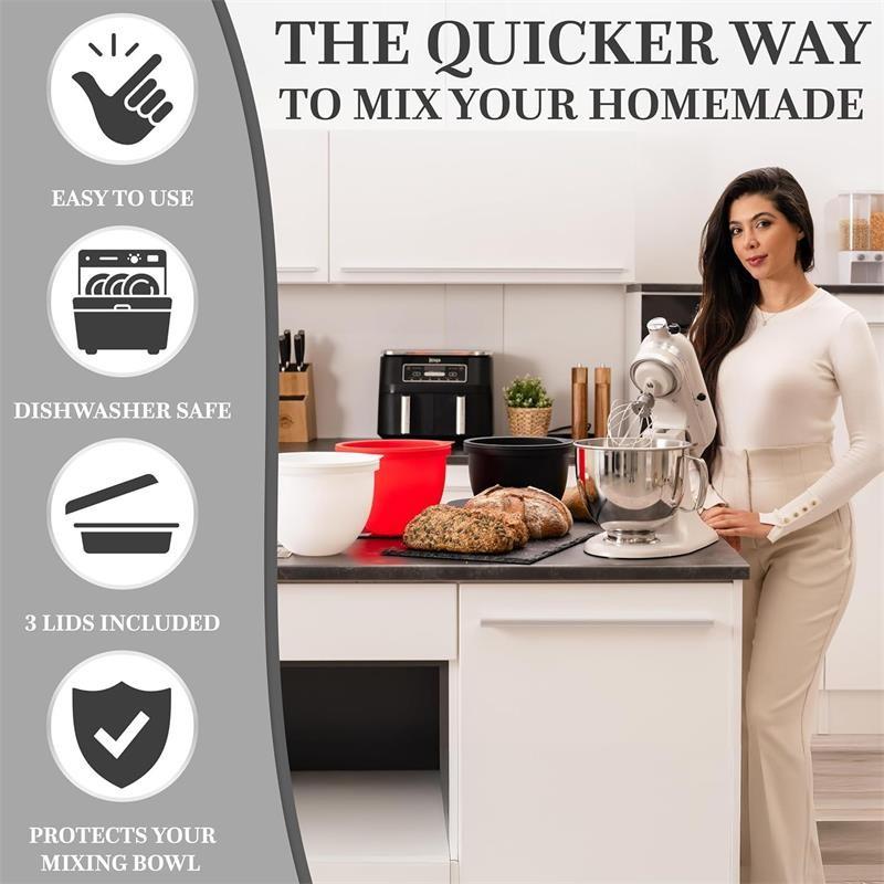 5qt Silicone Mixing Bowl with Reusable Spout and Lid, Dishwasher & Microwave Safe, Non-Stick Easy Clean Design, Compatible with Stand Mixers, Kitchen Bowls