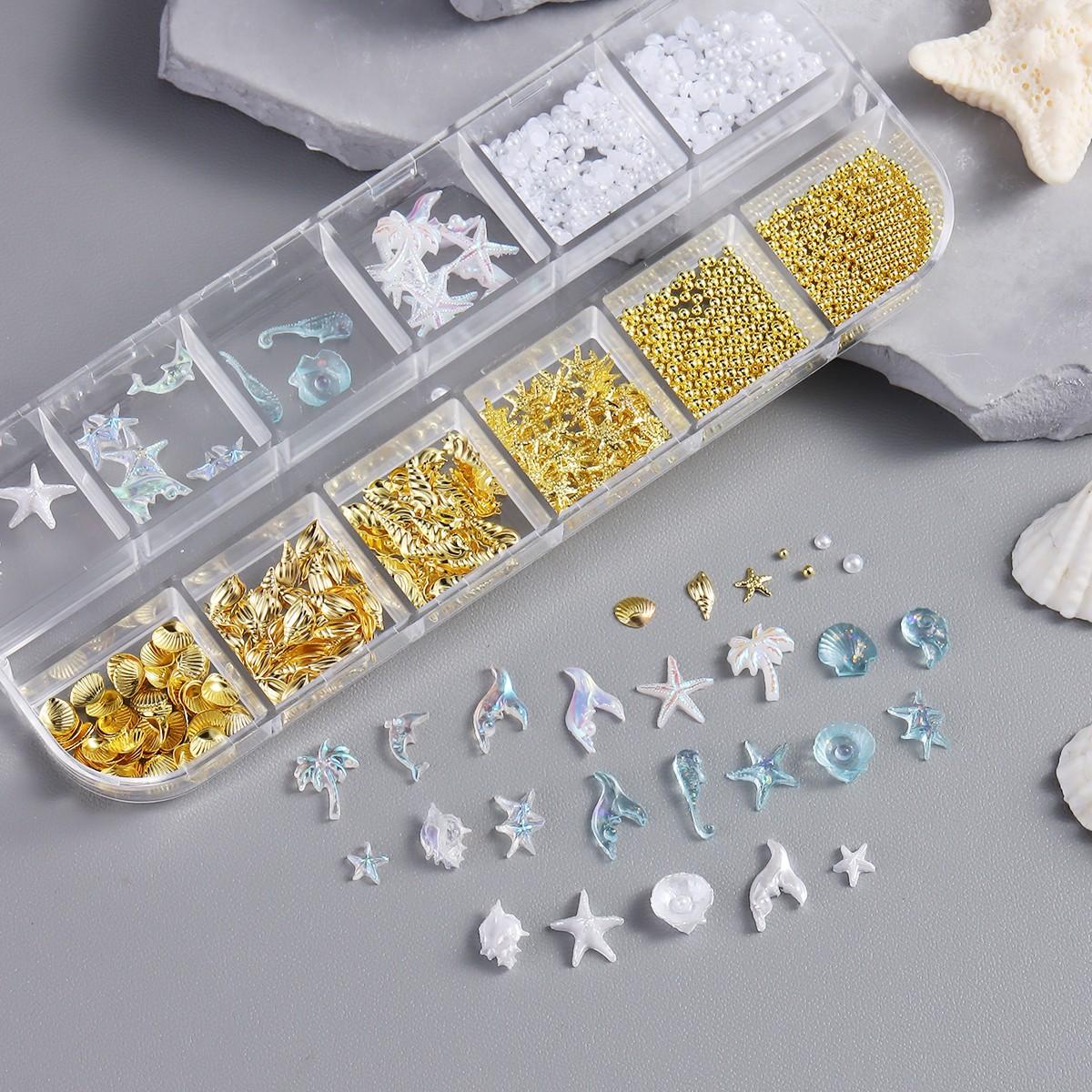 3D Summer Beach Nail Art Set, Rivets, Ocean Shells, Starfish, Mermaid Tail, Coconut Tree, Pearl & Gem Pendants, Y2K Kawaii Style