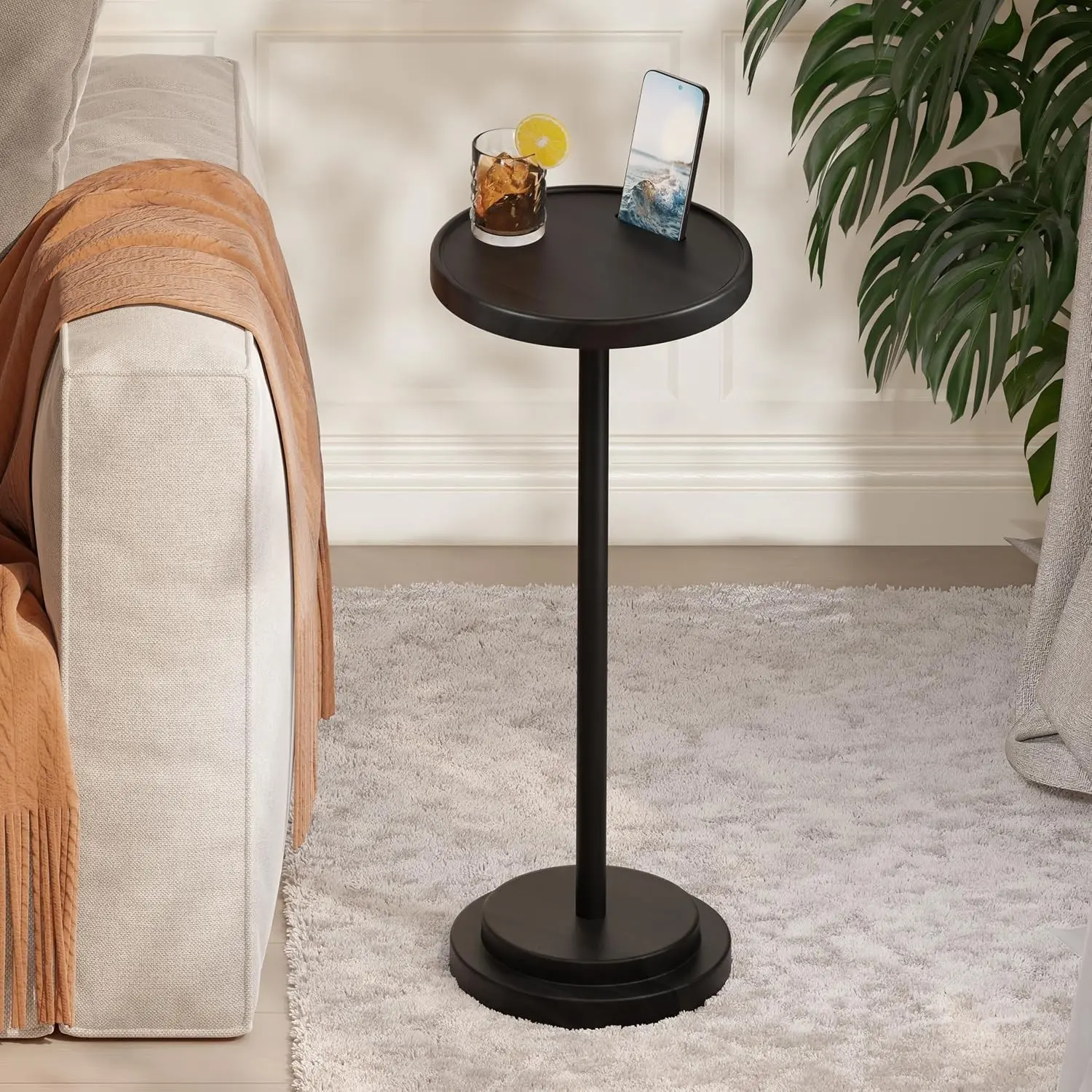 Drink Table, 24.4" Tall Compact Side Table with Phone Slot and Weighted Base, Durable Pedestal Table Accent for Living Room (Flat, Walnut) (Black, Double Base)