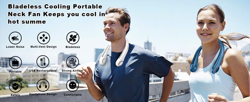 Hands Free Neck Fan for sports, travel and office use - Rechargeable bladeless cooling technology with up to 8 hours of run time - Wearable headphone design provides cooling for face, neck and shoulders as you move