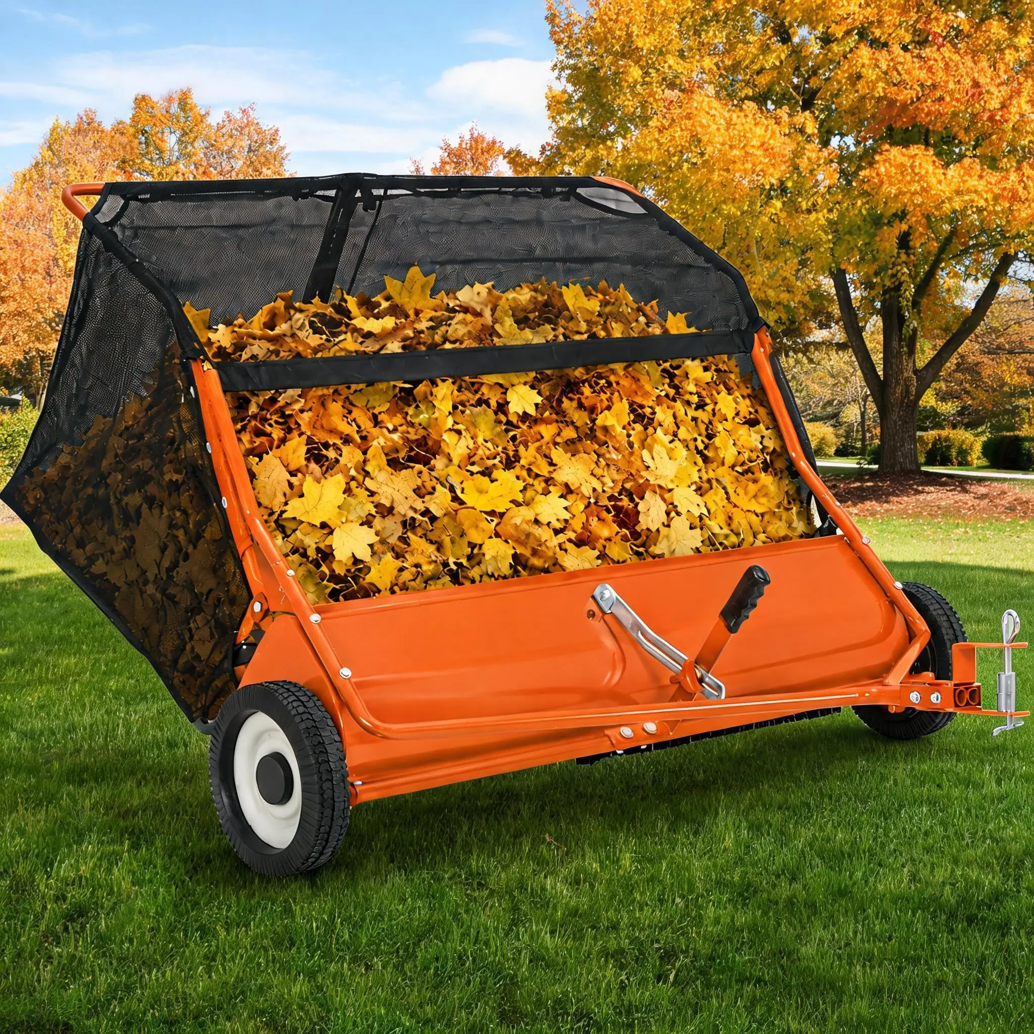 Tow Behind Lawn Sweeper, Heavy Duty Leaf & Grass Collector for Riding Mowers, Large Canvas Hopper, Adjustable Brush Height, Foldable Yard Sweeper