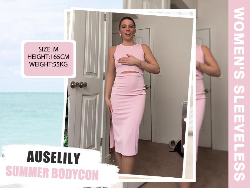 AUSELILY 2025 New Curve Cutout Bodycon Midi Dress – Flattering Fit with Midriff Detail | XS–XL