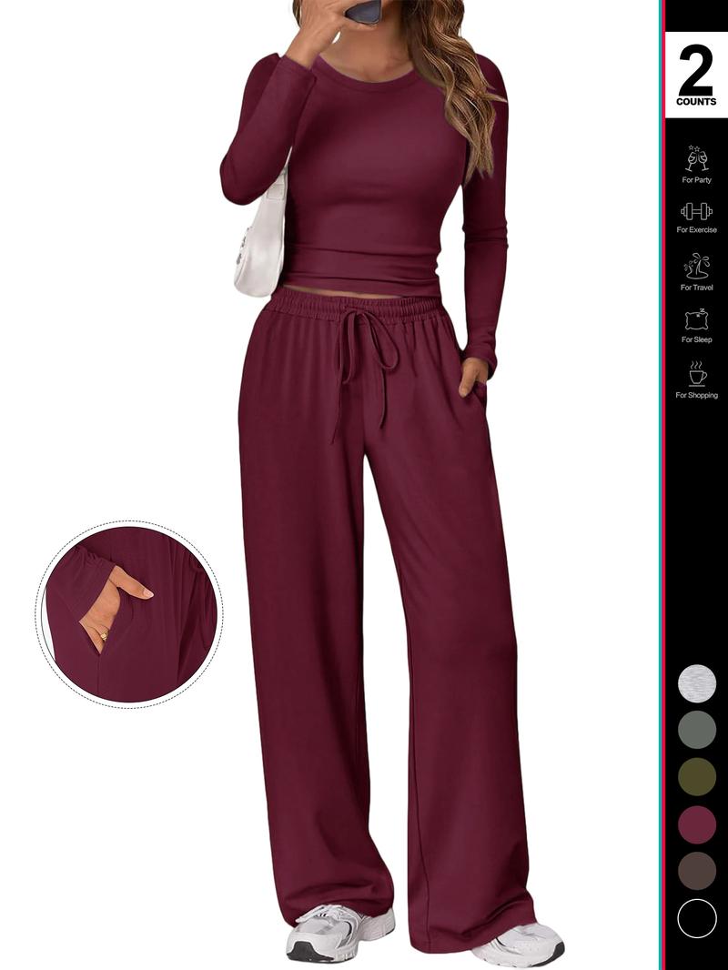 Women's 2 Piece Matching Lounge Set Long Sleeve Slightly Crop Top Wide Leg Pants Casual Sweatsuit 2026