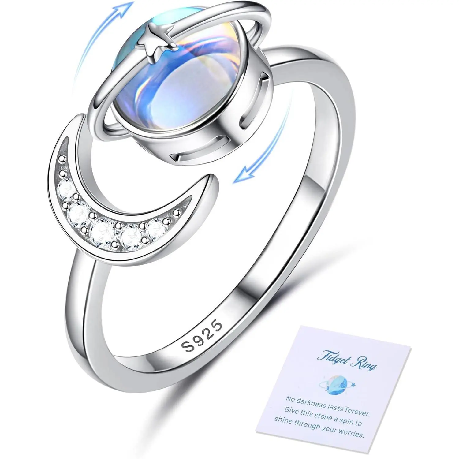 CASSIECA Anxiety Ring for Women 925 Sterling Silver 18K White Plated Open Moonstone Adjustable Fidget Ring for Anti-Stress Star Moon Finger Spinner for Anxiety Moissanite Ring, Adjustable Ring Sohochic