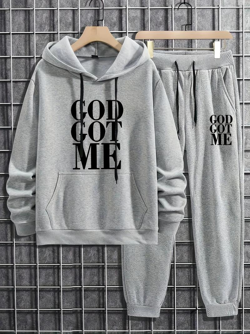 Casual hoodie and sweatpants set - fleece lining, long sleeves, printed design | machine washable