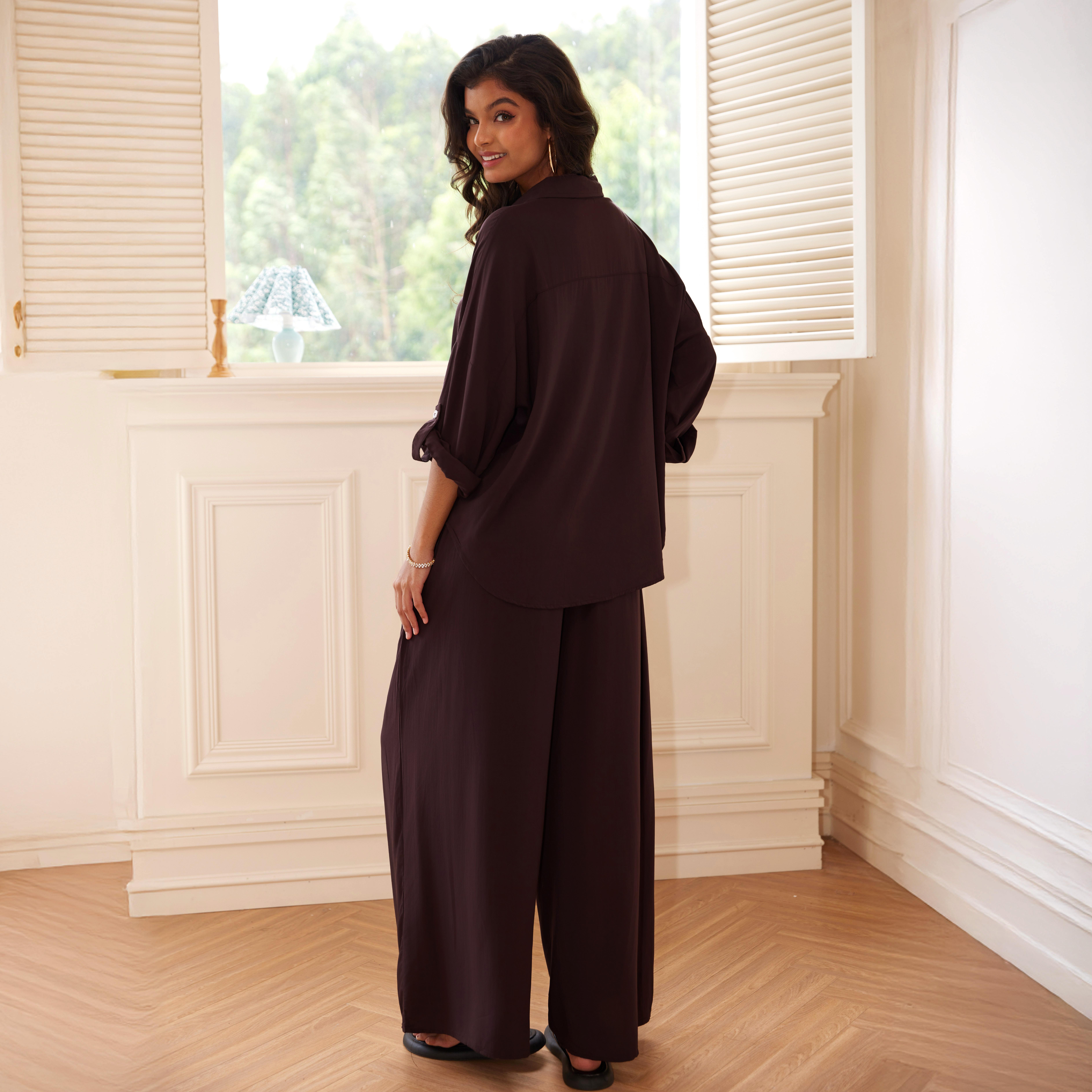 Joyfunear Women's Button Down Shirt & Wide Leg Pants Loungewear Set 2pcs Drop Shoulder summer women set long Pants