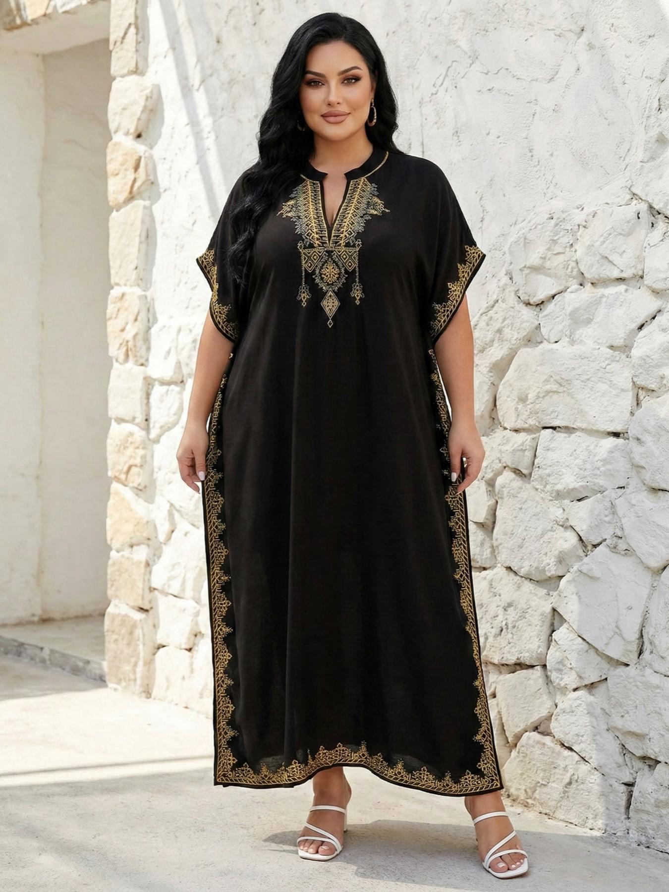 2026Plus Size Ethnic Pattern Embroidered Split Kaftan Dress, Boho Notched Neck Batwing Sleeve Long Dress, Summer Clothing, Women'S Summer Clothes, Modest Clothing Caftan Robe, Muslim Women Gowns, Modesty Muslim Clothing..