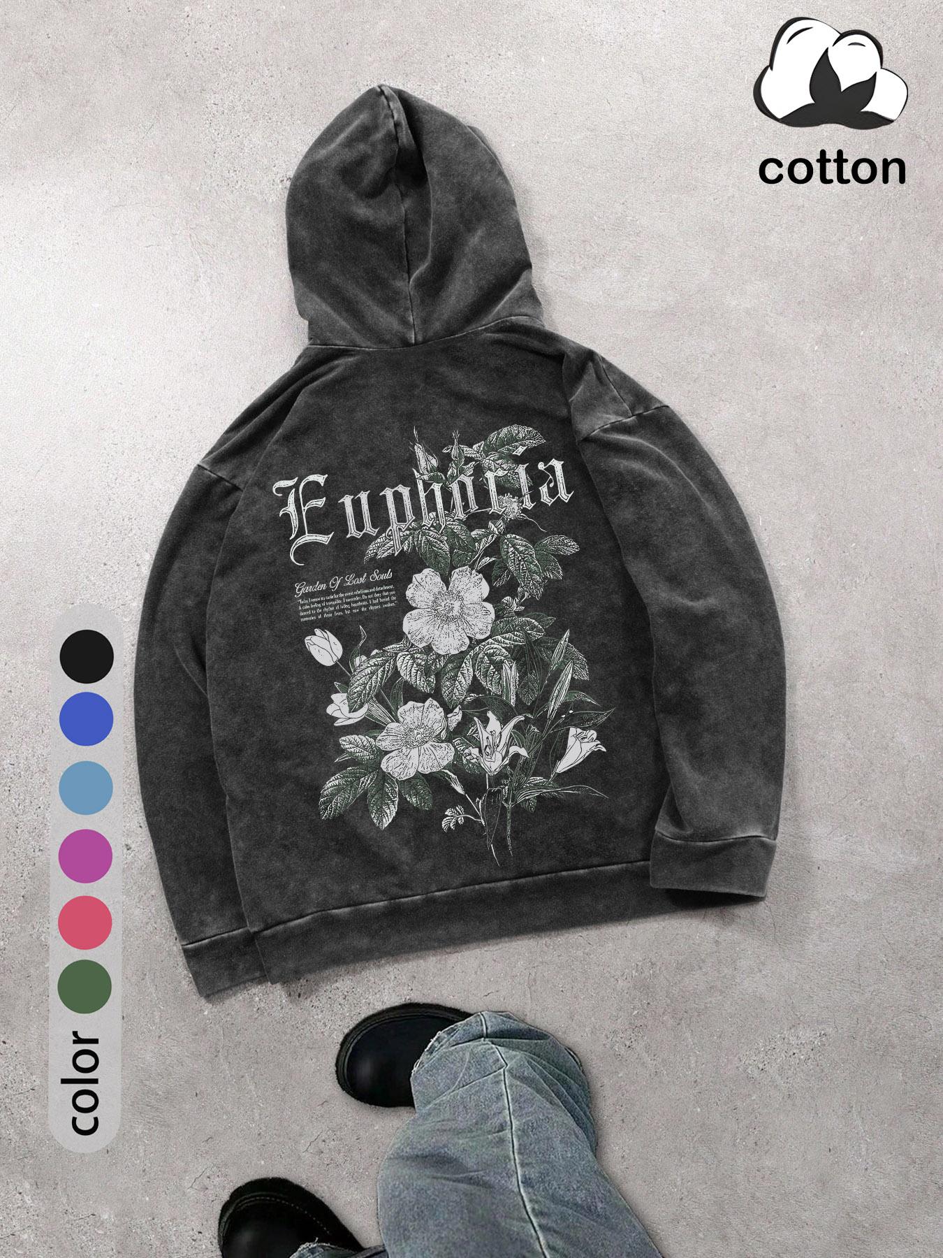 Men's Floral Print Graphic Hoodie, Regular Fit Casual Vintage Fashion Vibe Long Sleeve Hooded Sweatshirt for Daily Holiday Outdoor Wear, Men Clothes for Spring & Fall, Tops