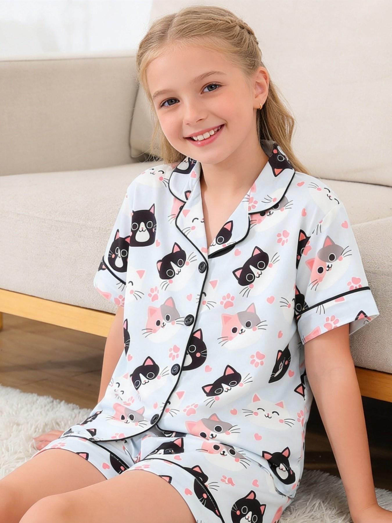 2-Piece Kids Pajama Set, Cartoon Cat Footprint Pattern, Fashion Open-Cardigan Short Sleeve, Flame-Retardant Knit, All Seasons, Party Gift