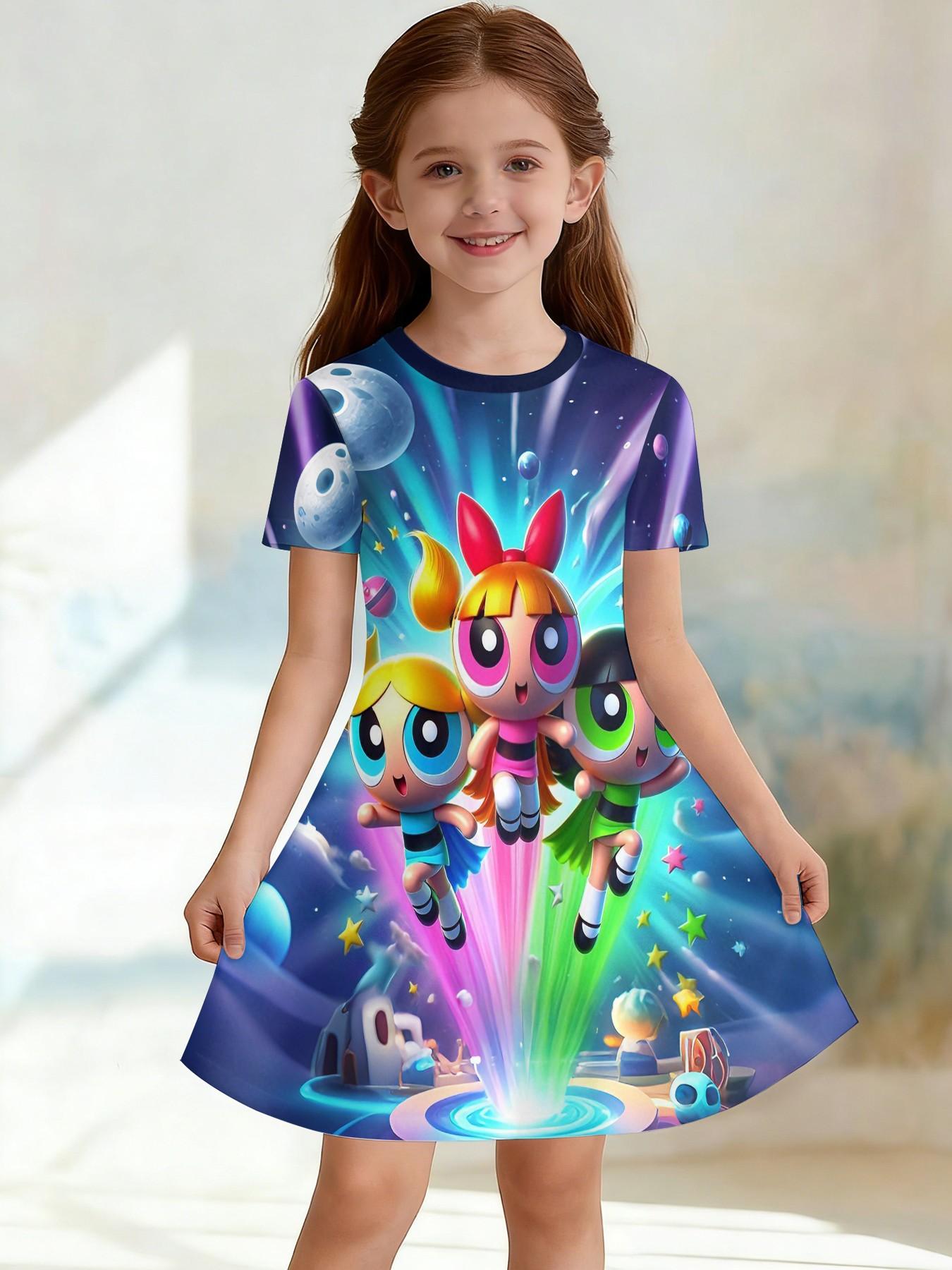 Girls' 3D Space Print A-Line Dress, Cute Cartoon Short Sleeve Skirt, Fashion Outdoor Wear, Birthday Gift, Holiday Gift