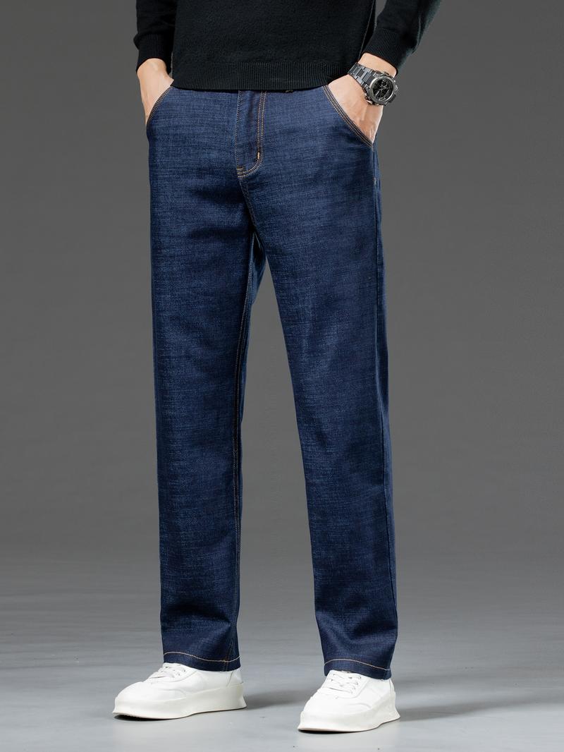 Men's Denim Jeans with Topstitching, Loose Straight Leg Long Pants, Stretch Fashion Pants for Fall & Winter