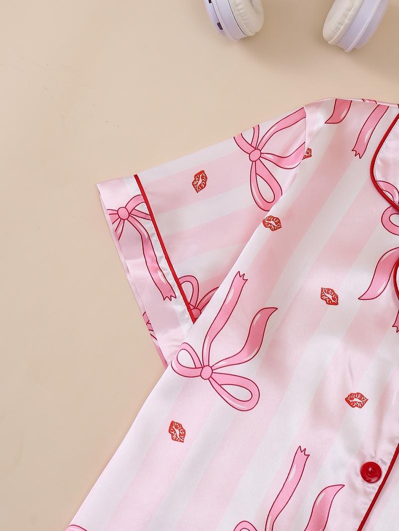 Women's Butterfly Print Sleepwear Set, Elegant Home Clothing for Valentine's Day, Shirt Collar Short Sleeve & Elastic Shorts