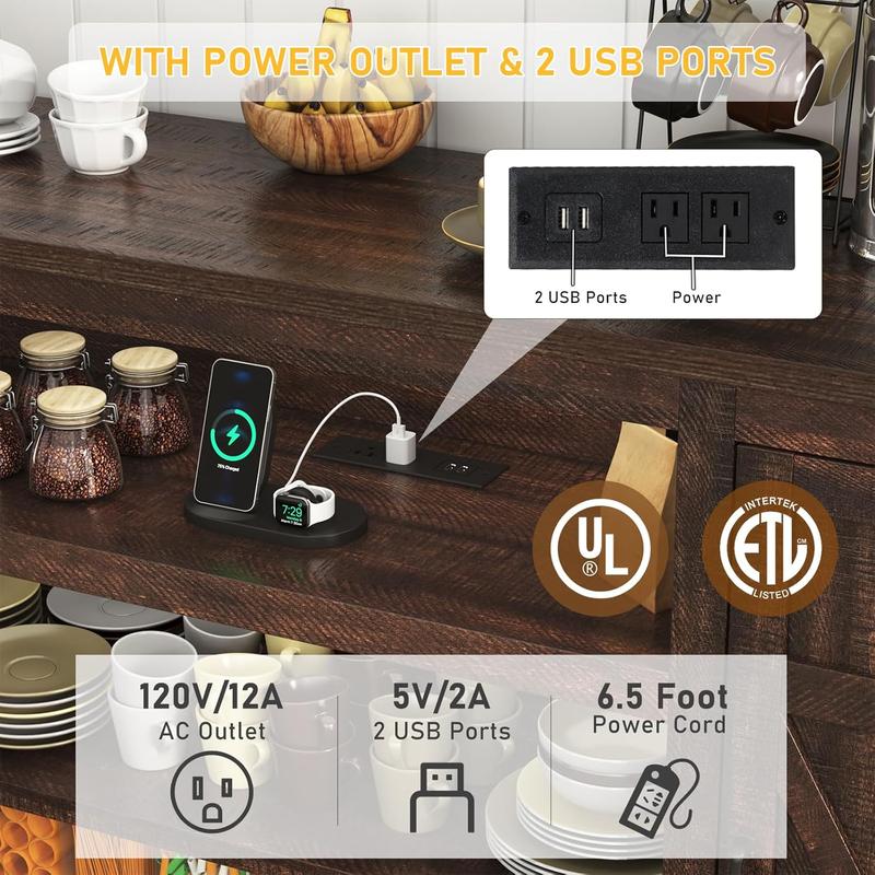 66"/75" Farmhouse TV Stand with Power Outlets for 85 Inch TVs, 33" Tall Entertainment Center with Storage Cabinets w/Adjustable Shelves, Rustic Large TV Media Console, Brown/white/black