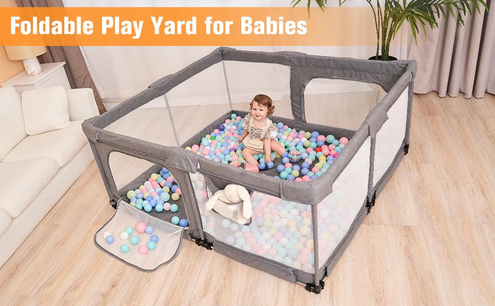 Foldable Baby Playpen,Collapsible Playpen for Babies and Toddlers, Extra Large Foldable Playpen for Baby with gate, Baby Activity Center with Fence, Travel Play Pen (Black/grey51"×51")