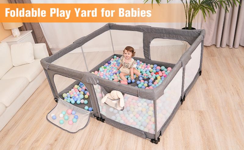 Foldable Baby Playpen,Collapsible Playpen for Babies and Toddlers, Extra Large Foldable Playpen for Baby with gate, Baby Activity Center with Fence, Travel Play Pen (Black/grey51"×51")