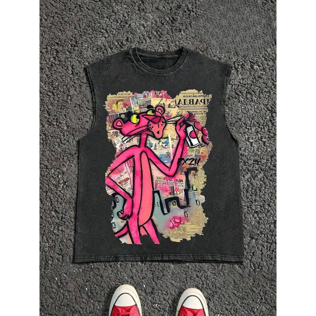 Vintage Washed Pink Panther Graffiti Sleeveless Tank Top, Unisex Crew Neck Cut Off Muscle Tee, Retro Newspaper Collage Streetwear Vest, Breathable Casual Top for Summer Outdoor, Skate & Urban Street Style