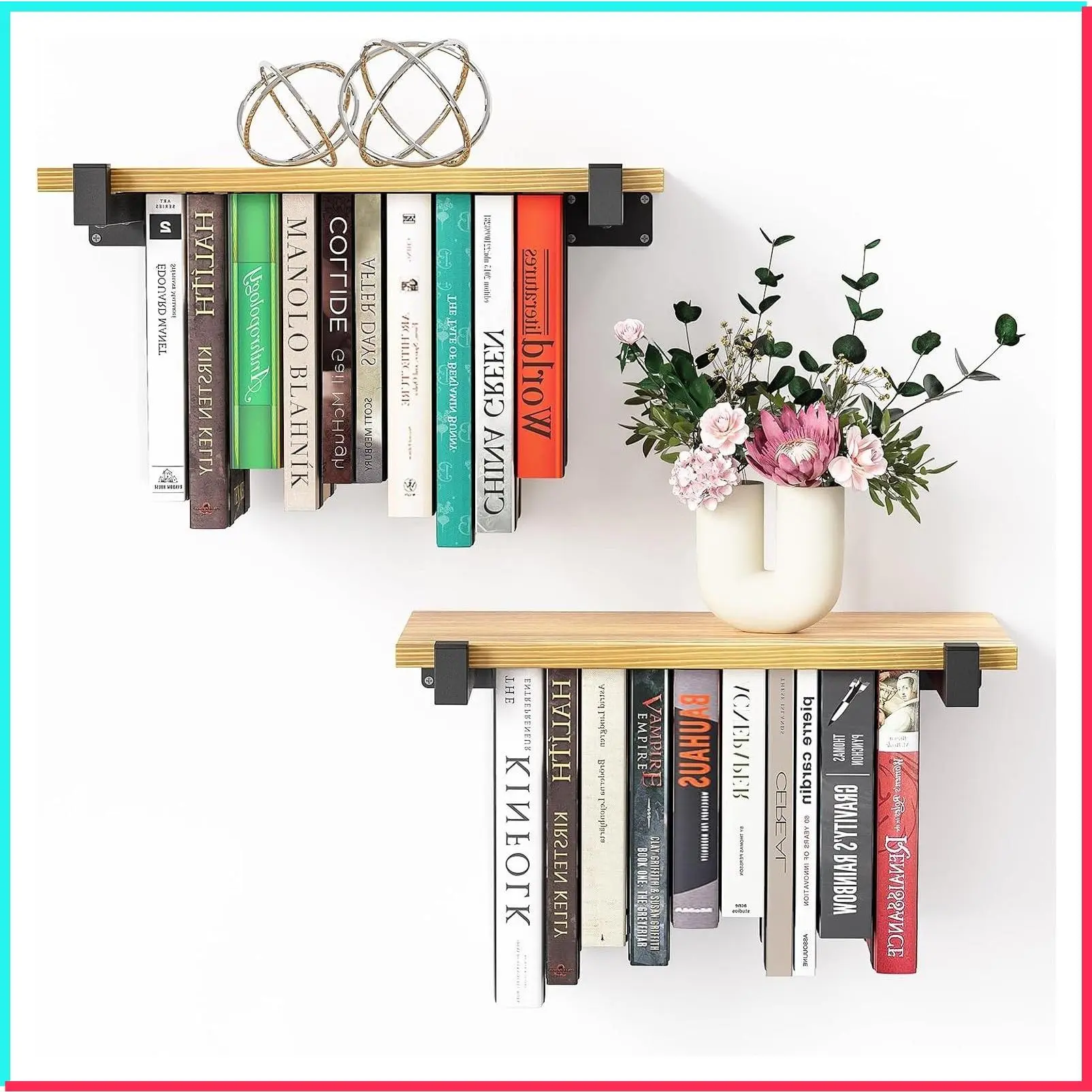 2 Set of Floating Bookshelf, Pine Wood Invisible Bookshelf, Hanging Bookshelves for Wall, Unique Space Saving Wall Bookcase (16.5L×8.7W×1.5H)