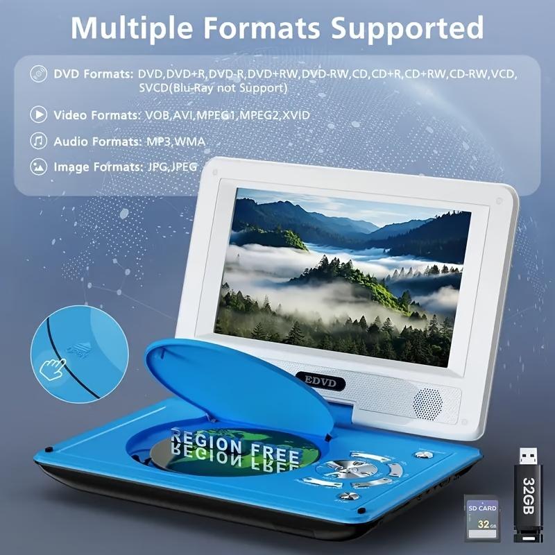 EDVD 11.5-inch Blue Portable DVD Player with 5-Hour Rechargeable Battery Home Theater Surround System Remote Control Car Charger Adapter RCA CD Player Karaoke Machine Headphone Box Audio cd player