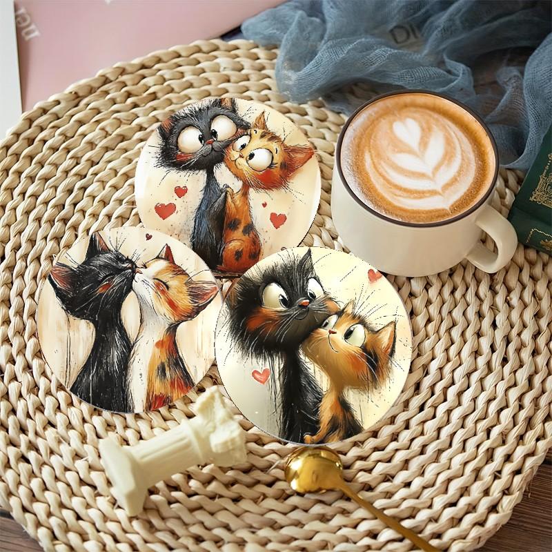 ☕ Cute Cat Wood Coasters Set of 6 - Aesthetic Couple Design for Coffee Lovers - Heat Insulation Pad for Kitchen Counter Tea Party - Rustic Home Decor Accessories