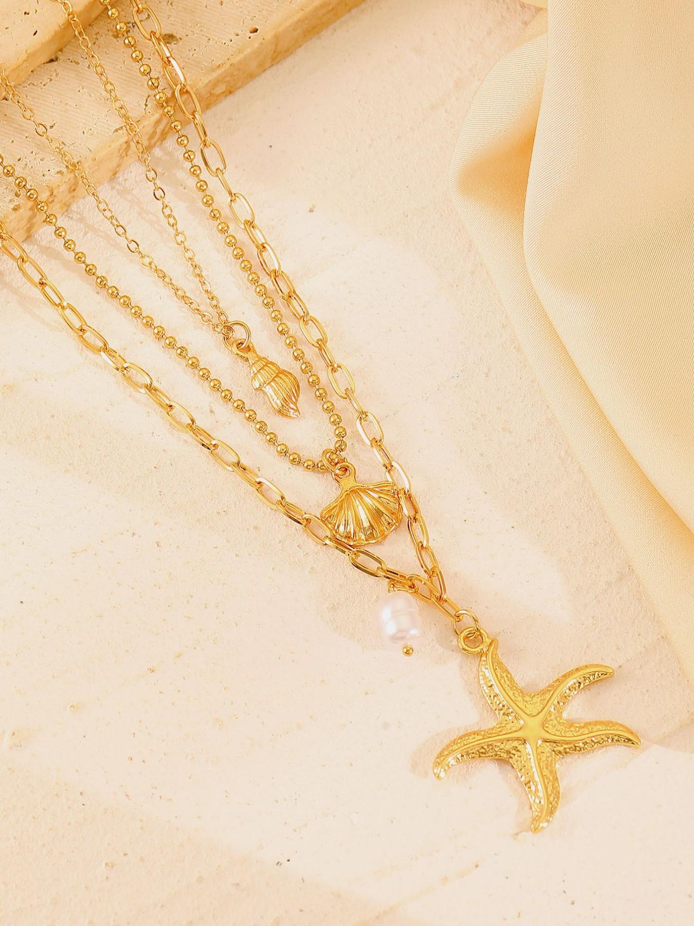 3-Piece Boho Starfish Shell Pendant Necklace Set, Ocean Series Imitation Pearl Lockbone Chain, Beachwear Jewelry, Island Vacation Essential