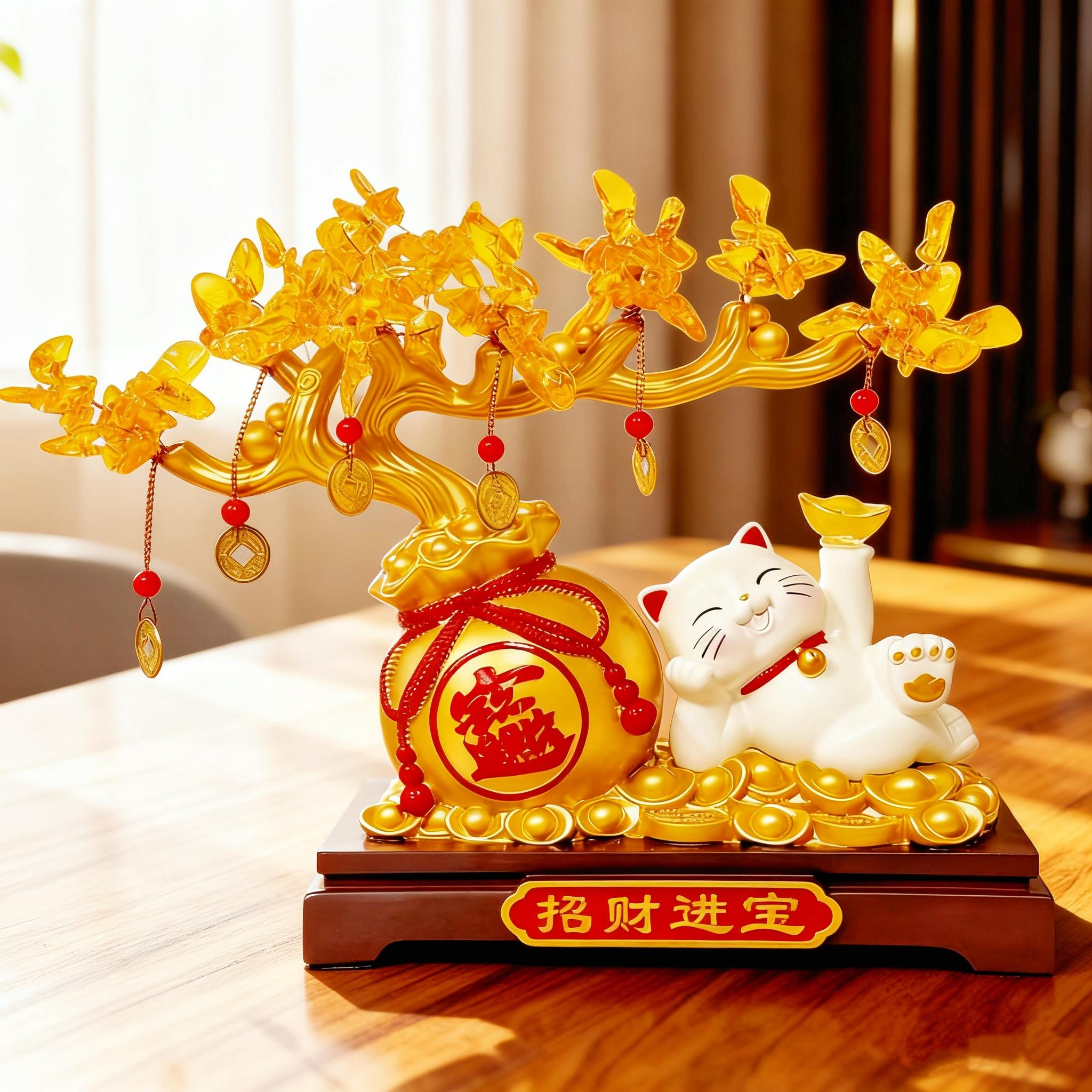 Lucky Cat Gold Branch Ornament, Home Decor for Living Room, Entryway, Study, Shop Front Desk, Moving In, Business Gift, Festival Present