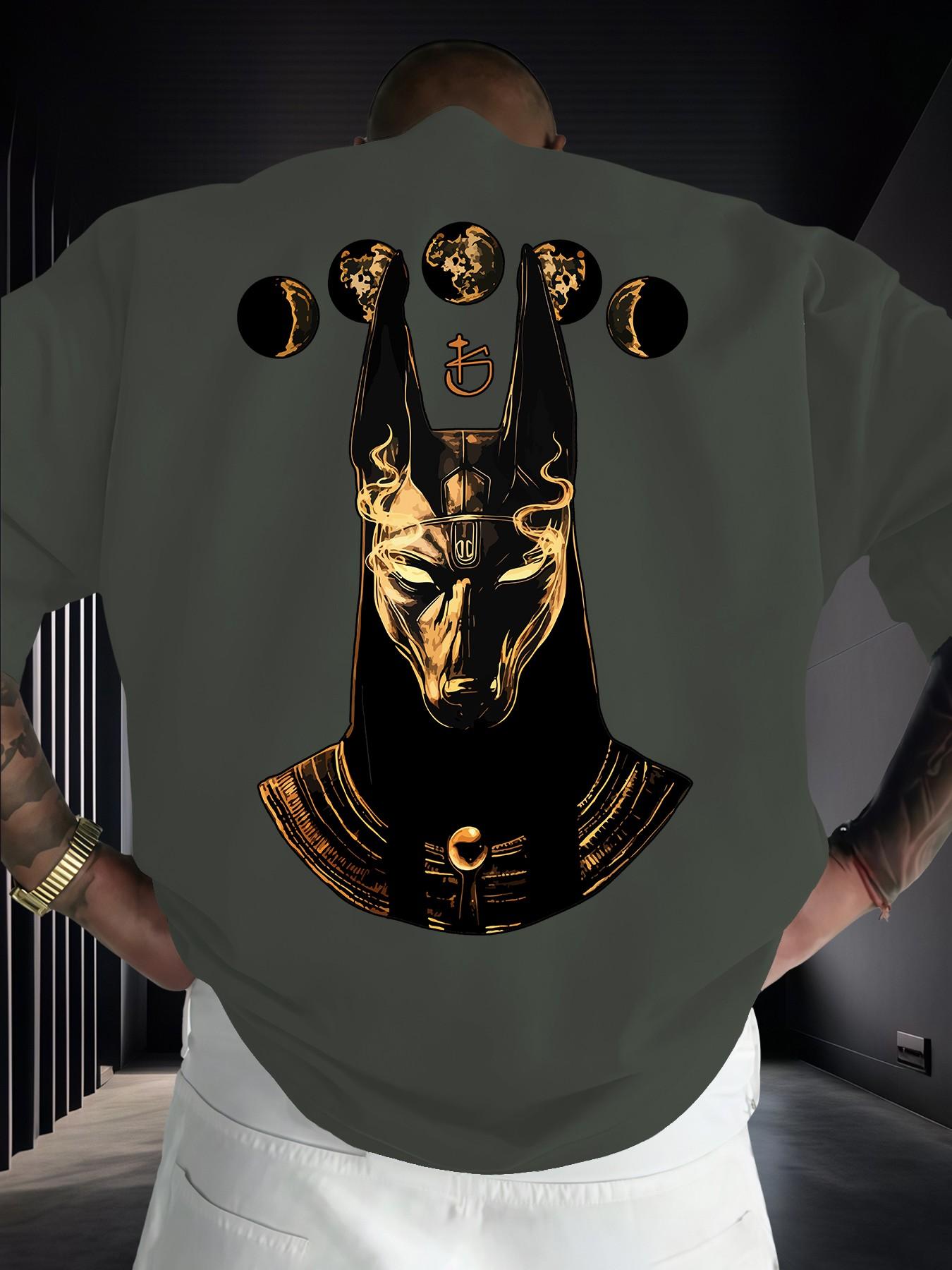 Anubis Moon Phase Egyptian Mythology Print Men's Fashion Short Sleeve Round Neck Casual Summer T-Shirt, Daily Wear