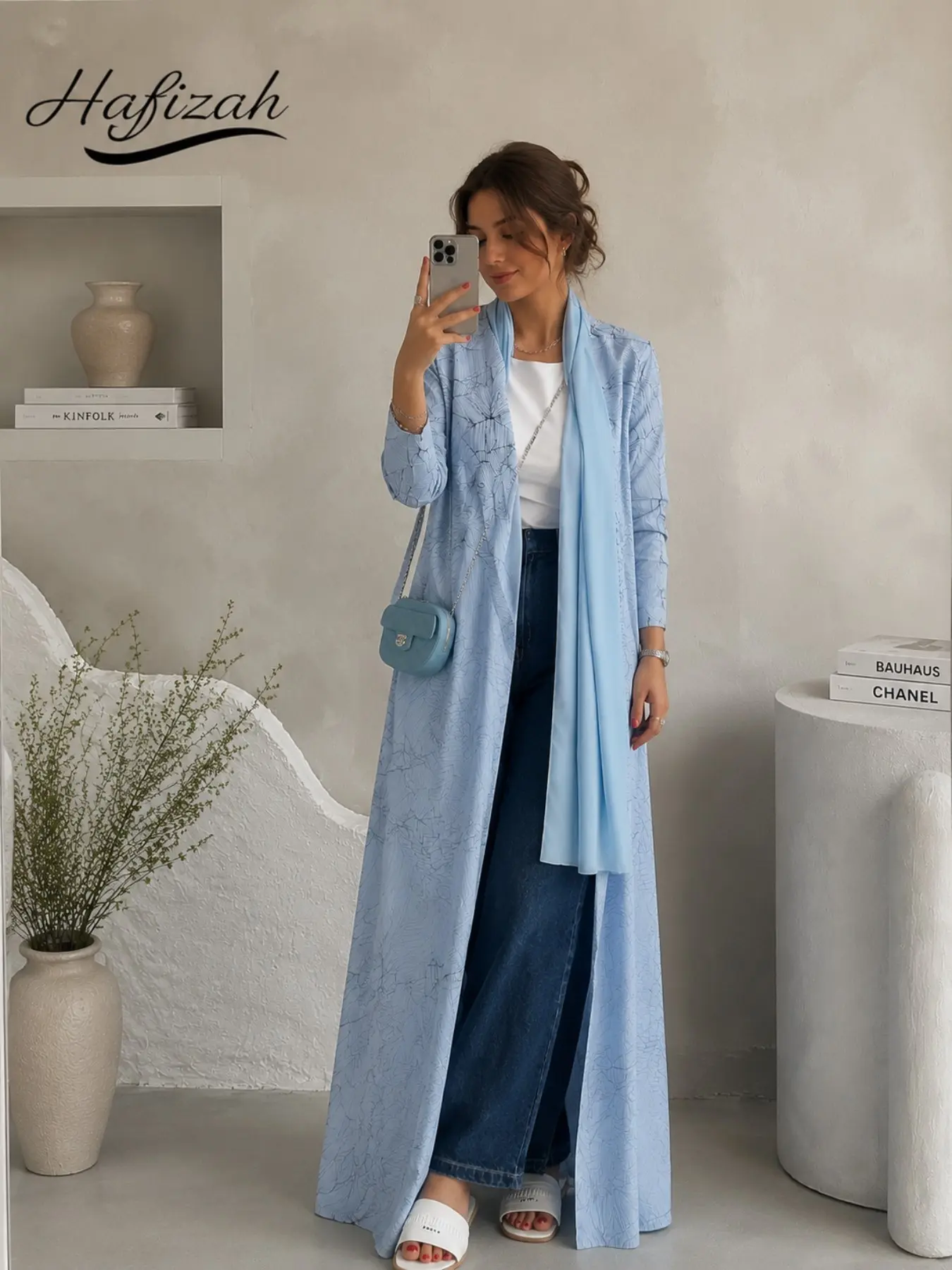 Women's Ice Blue Open Front Robe, Elegant Long Sleeve Kimono Dress Coat, Luxurious Muslim Fashion, Ramadan and Eid Clothing