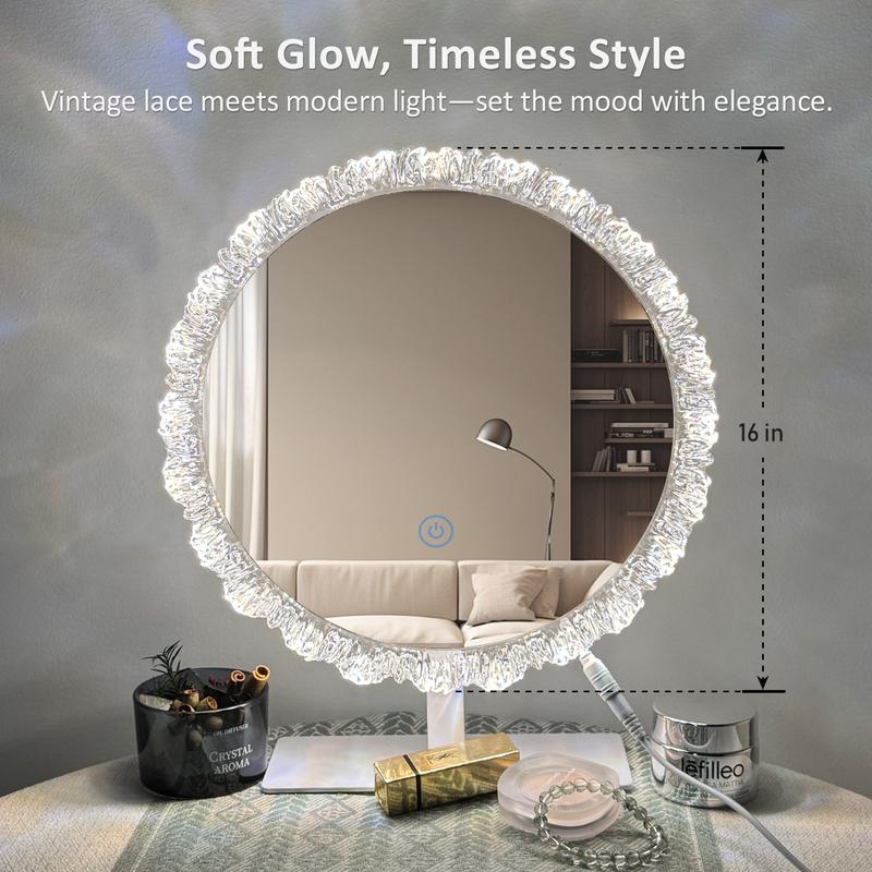 GLITGATE 16 IN Lighted Vanity Mirror, Round Makeup Mirror With Touch Screen Control, LED Desktop Makeup Mirror, Circle Bathroom Mirrors For Over Sink,  Adjustable Brightness, 3 CCT, HD Mirror, Round Mirrors For Decor, Bathroom, Entryway, Bedroom