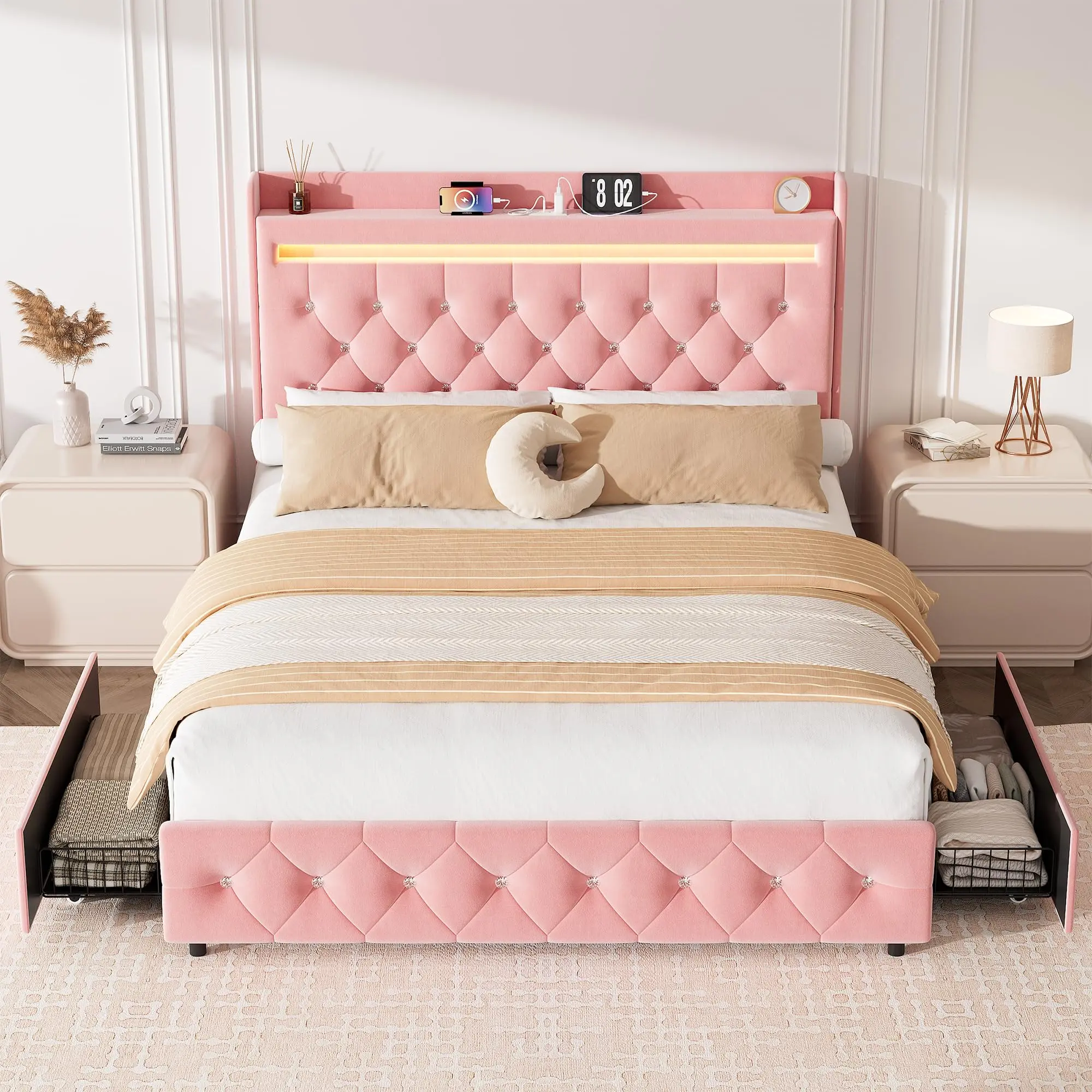 Velvet Upholstered Princess Twin/Full/Queen Bed Frame - 2 Drawers, LED Lights, Charging Station, No Box Spring Needed, Easy Assembly, Twin Bed Frame