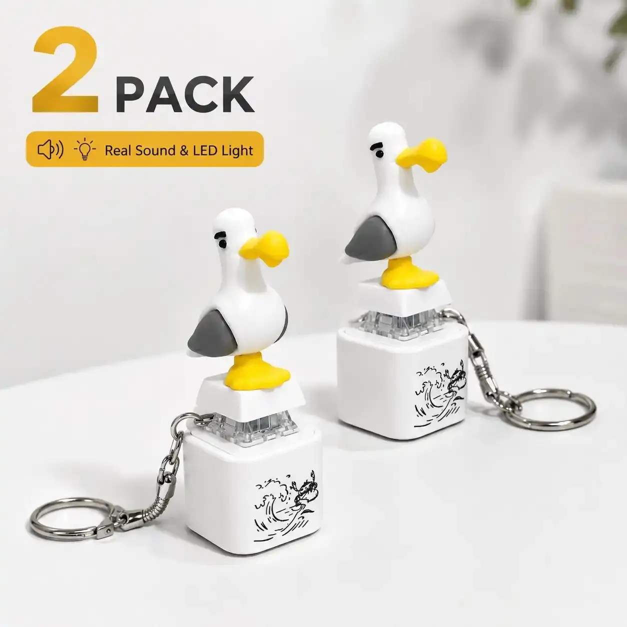 2Pack Seagull Theme MINE!Button Keychain - Real Sound Effect, LED Lights, Unisex Design, Summerwins Kraft Black Advent Personalized Handwritten Foldable Solar Socket Keychain - Funny Interactive Novelty Gift for Friends