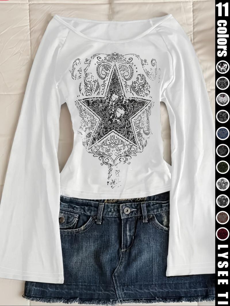 Fashion and casual Y2K women's five pointed star printed round neck flared sleeve top