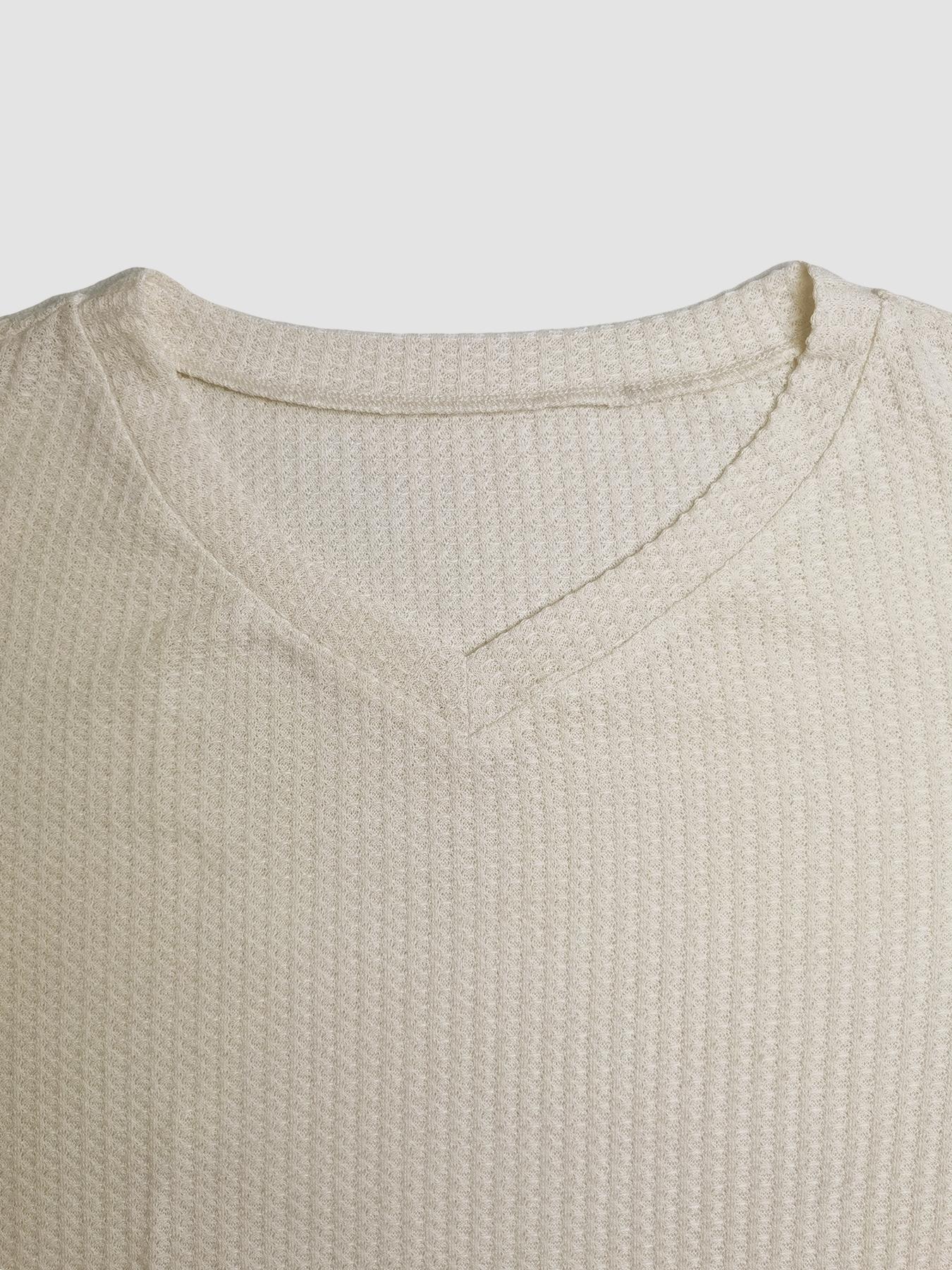 Women's Solid Color V Neck Drop Shoulder Long Sleeve Casual Loose Waffle Knit T-Shirt, Basic Spring & Fall Fashion, Comfortable Fit