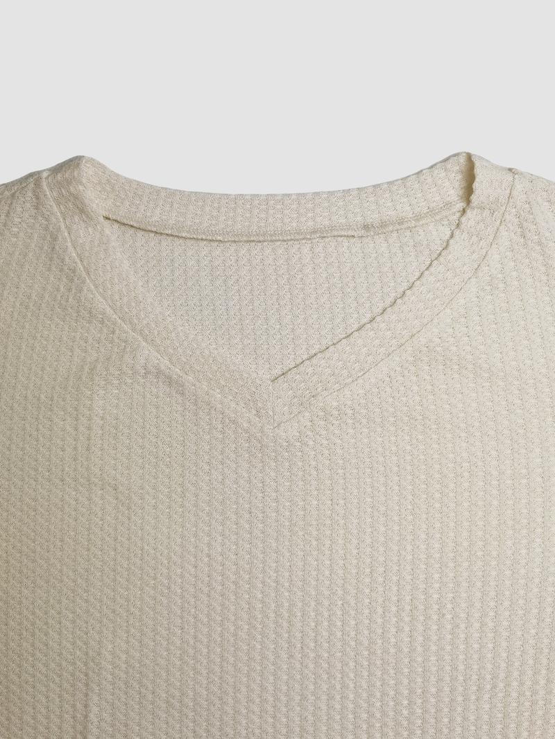 Women's Solid Color V Neck Drop Shoulder Long Sleeve Casual Loose Waffle Knit T-Shirt, Basic Spring & Fall Fashion, Comfortable Fit