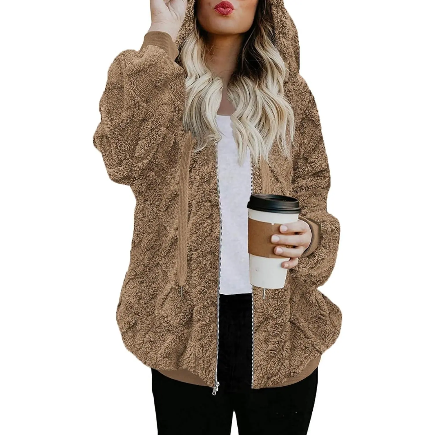 Womens Oversized Sherpa Jacket Fuzzy Fleece Zip Up Hoodies with Pockets Warm Fall Outfits Winter Coats