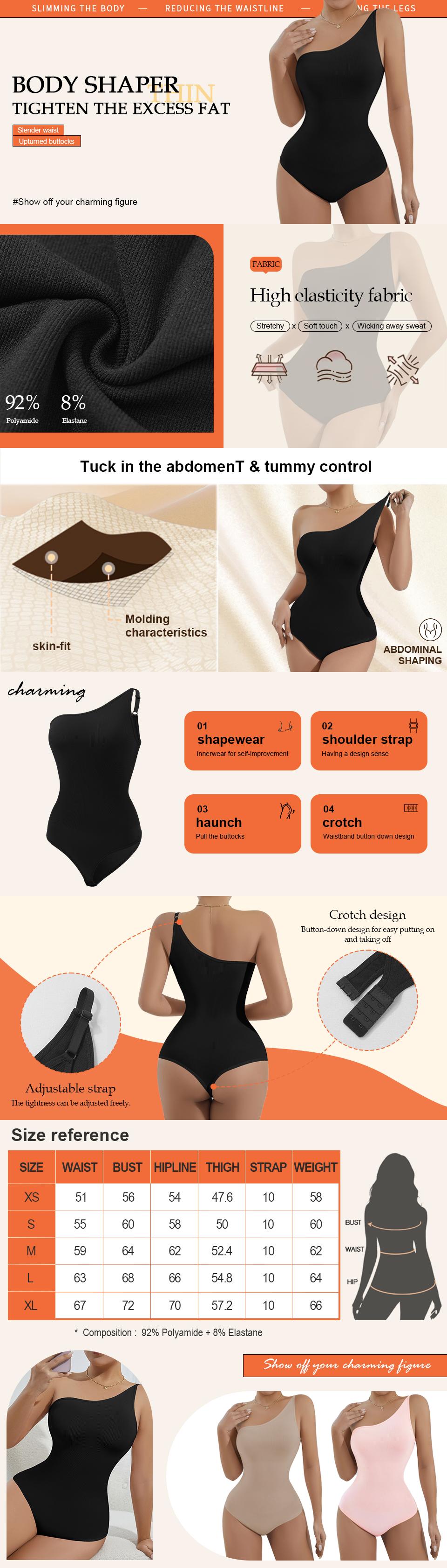 Women's One-Shoulder Adjustable Ribbed Stretch Shapewear Half-Buttock Bodysuit – Black/Apricot/Pink Multi-Colors – Sizes XS-XL – Suitable for Layering/Daily/Commute & More Scenarios