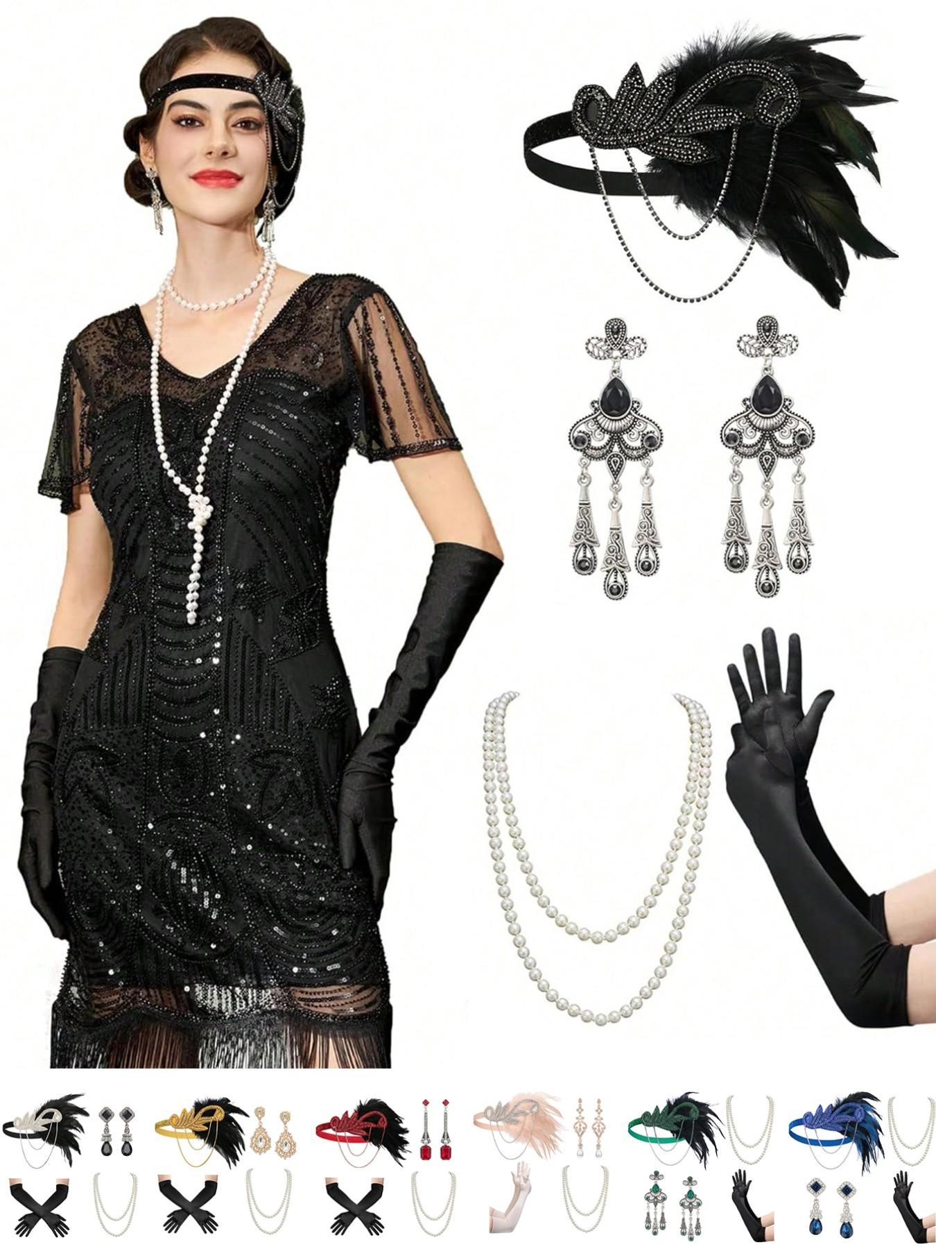 5PC/Set 1920s Flapper Set for Women,Roaring 20s Headband Headpiece Costume Accessories for Halloween Party Cosplay
