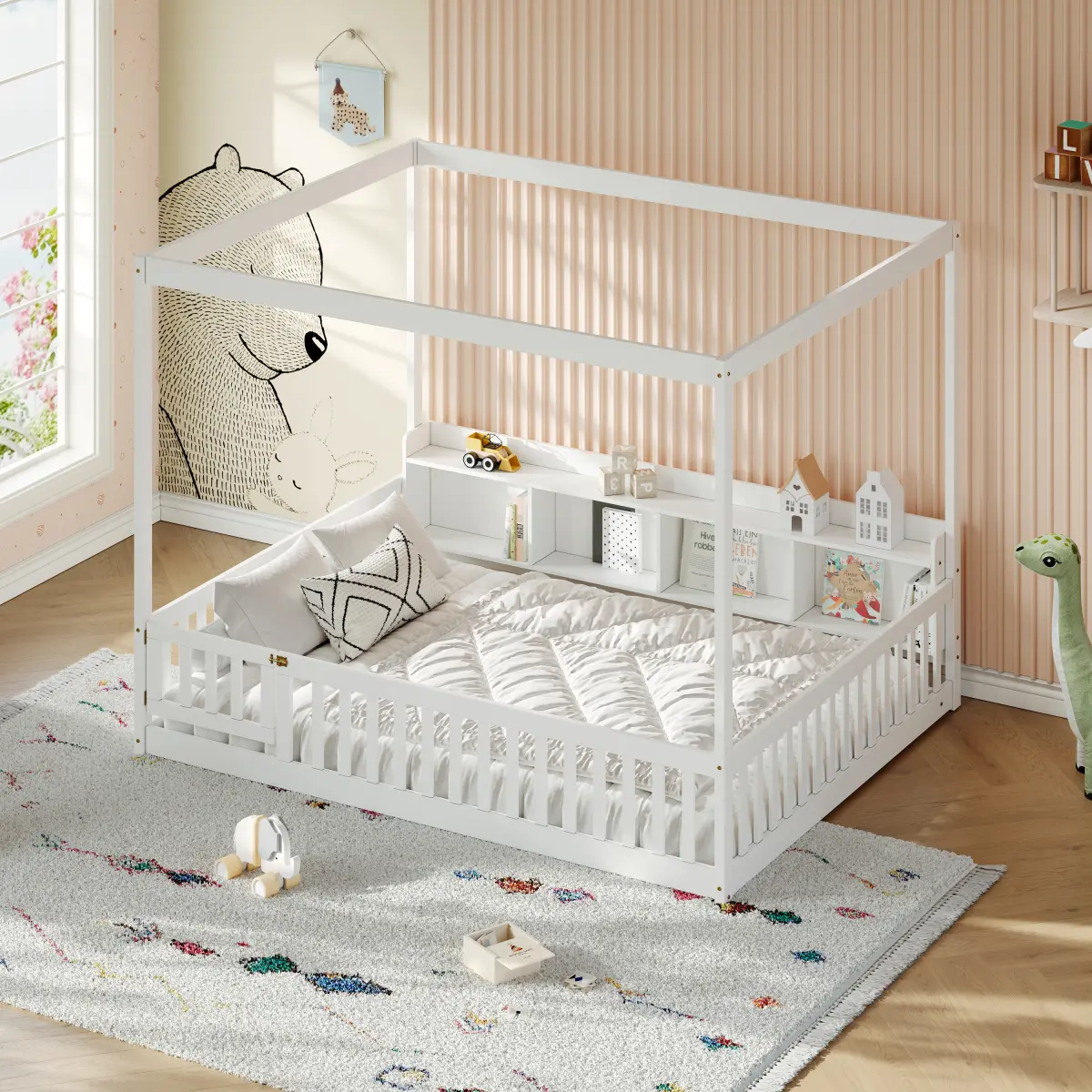 [Bellemave] Full Wood Canopy Bed with Open Storage Shelves, Floor Bed with 4-Sided Safety Guardrails, Dual-Use Bed for Sleeping & Playing in Bedroom