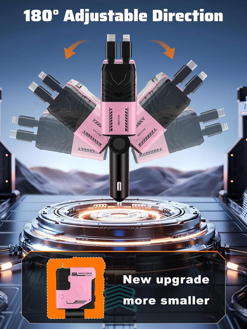 Retractable Car Charger with 4 Shock Absorbers,4 in 1 USB-C Car Charge 69W,Cigarette Lighter Adapter with Retractable Cables (31.5 in) and 2 USB Ports,Road Trip Essentials for iPhone 16