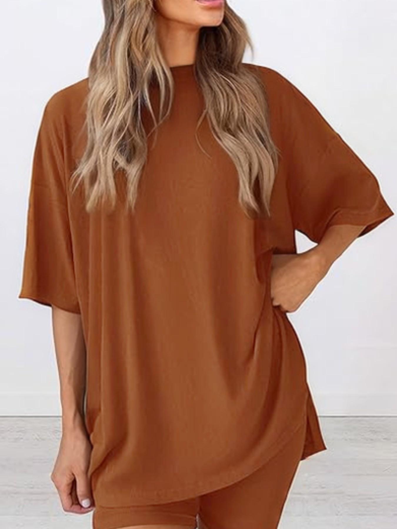 Women's Solid Color T-Shirt and Tight Shorts Set, Casual Summer Comfort Round Neck Sleepwear, Pocket Design, Outdoor Wear Women's Solid Color T-Shirt and Tight Shorts Set, Casual Summer Comfort Round Neck Sleepwear, Pocket Design, Outdoor Wear