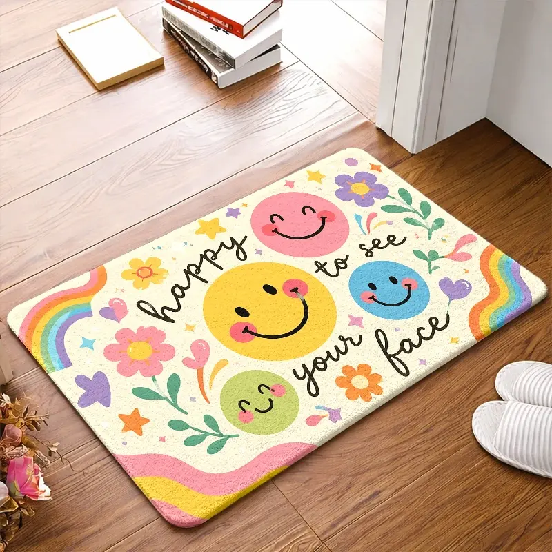 Flannel Floor Mat 1PC, 2PC, 3PC Cute Smiley Rainbow Floral Pattern Floor Mat, Durable, Stain-Resistant, Machine Washable, Universal Indoor Floor Mat, Door Mat, Kitchen, Balcony, Corridor, Entrance Rug, Office, Bedside, Bathroom, Dog Floor Mat