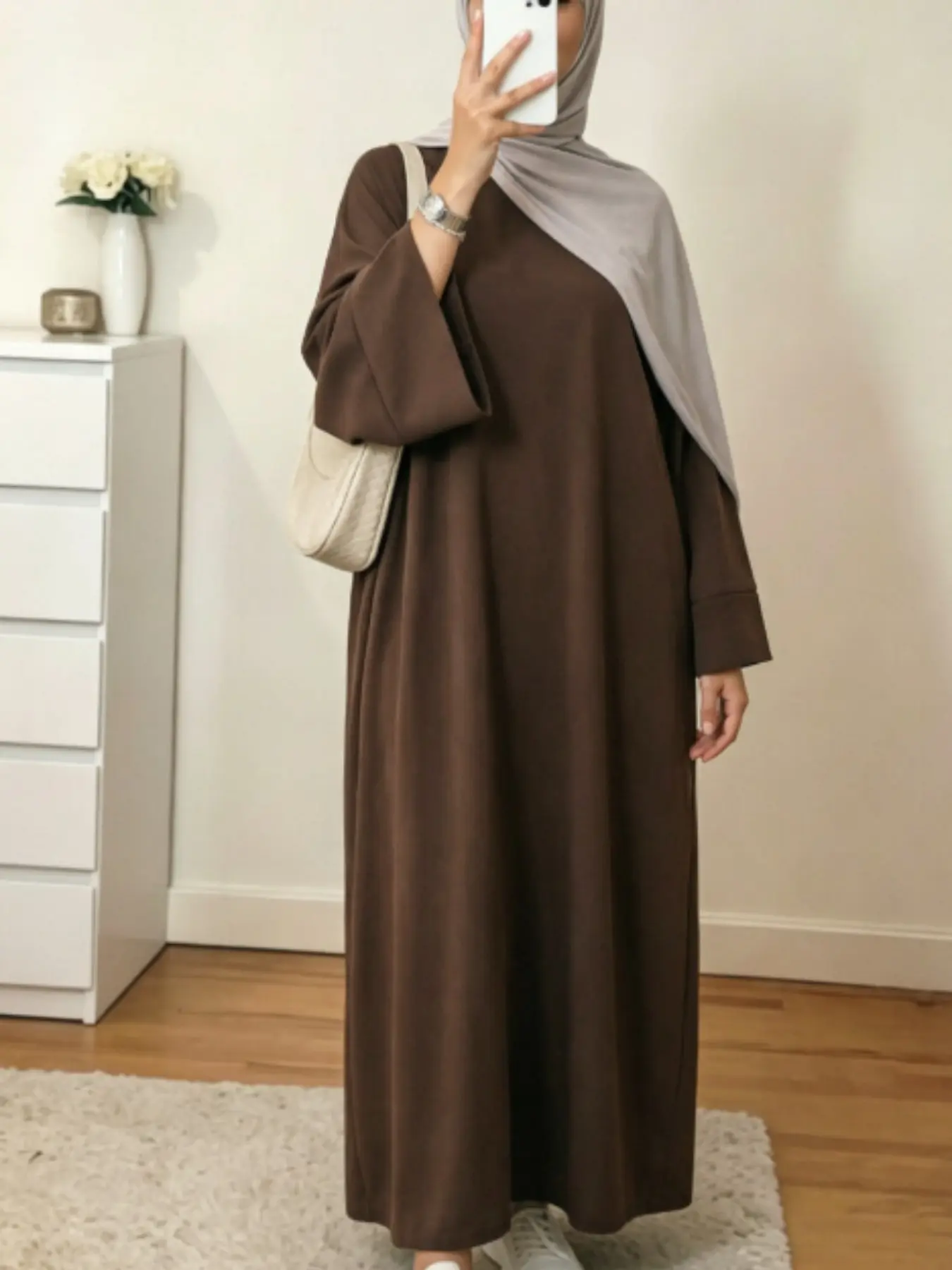 Solid Color Wide Bell Sleeve Long Abaya Dress, Loose Fit with Side Pockets, Muslim Women's Islamic Modesty Clothes Daily Commute Home Casual Conservative Dress, Muslim Clothing Modesty Wear
